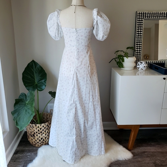 White Floral Print Puff-Sleeve Square Neck Midi Maxi Dress - Picture 3 of 12